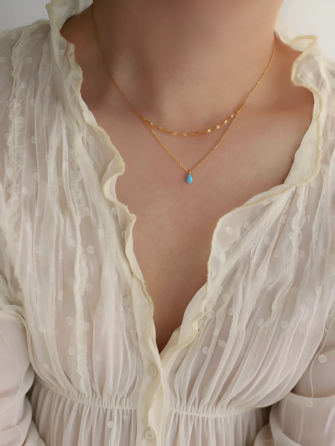 Women's layered teardrop pendant necklace, stainless steel and resin, casual style