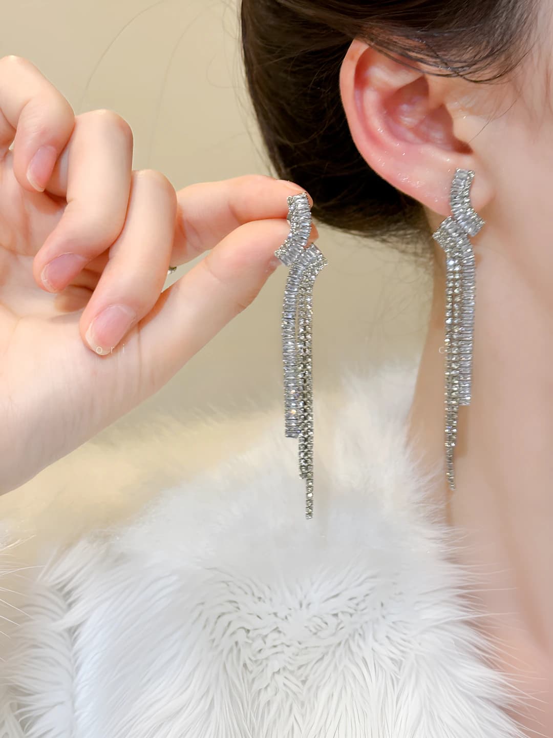 Silver diamond tassel earrings - Silver post