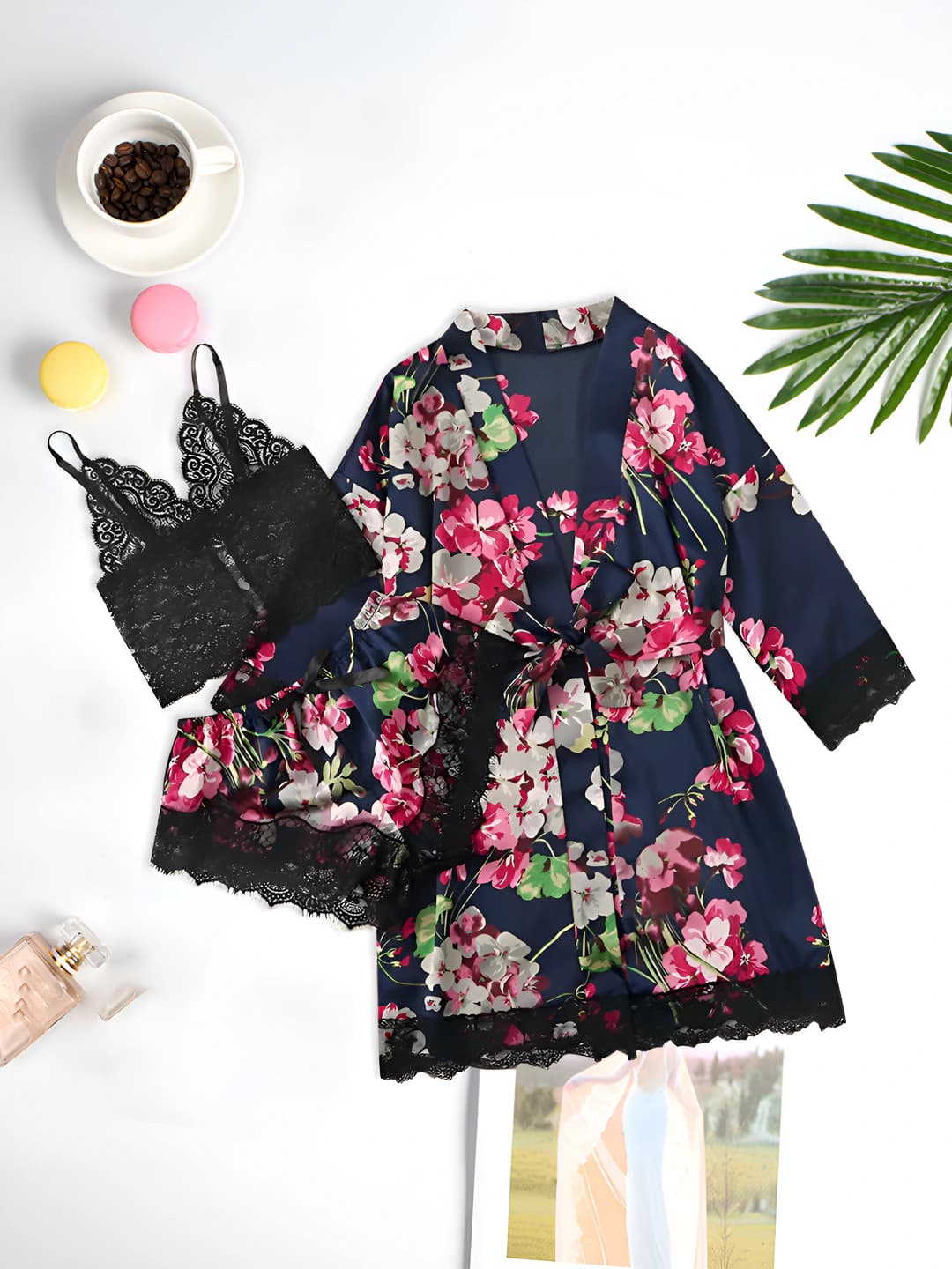 Women's plus size summer lace home wear three-piece set (lace robe, bralette, shorts)