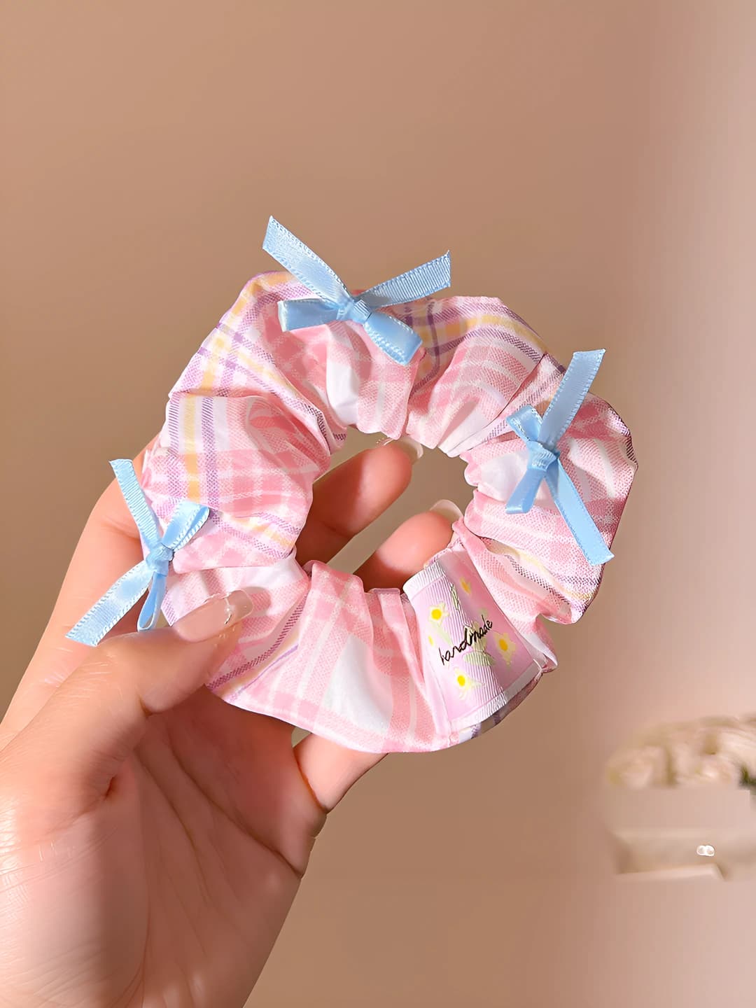 Розовая клетка, бант, 11 см
