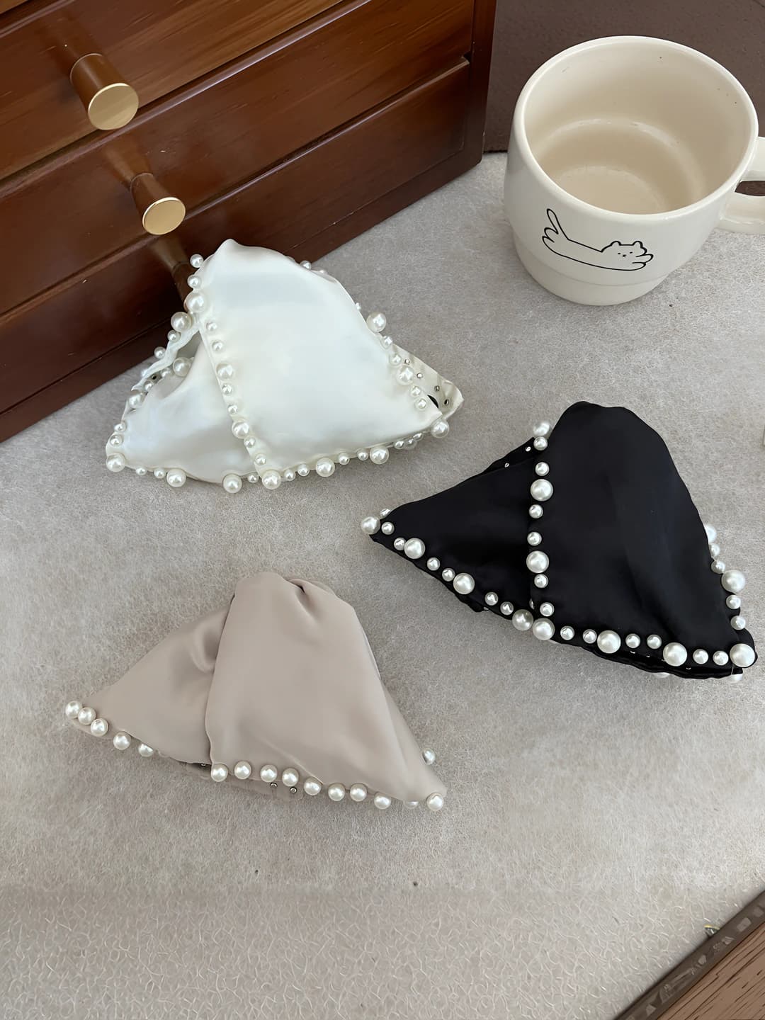 Women's 2026 deep color hair clip for thick hair in small Chanel style with geometric design element, handmade, fabric, with pearls and shells, triangular shape
