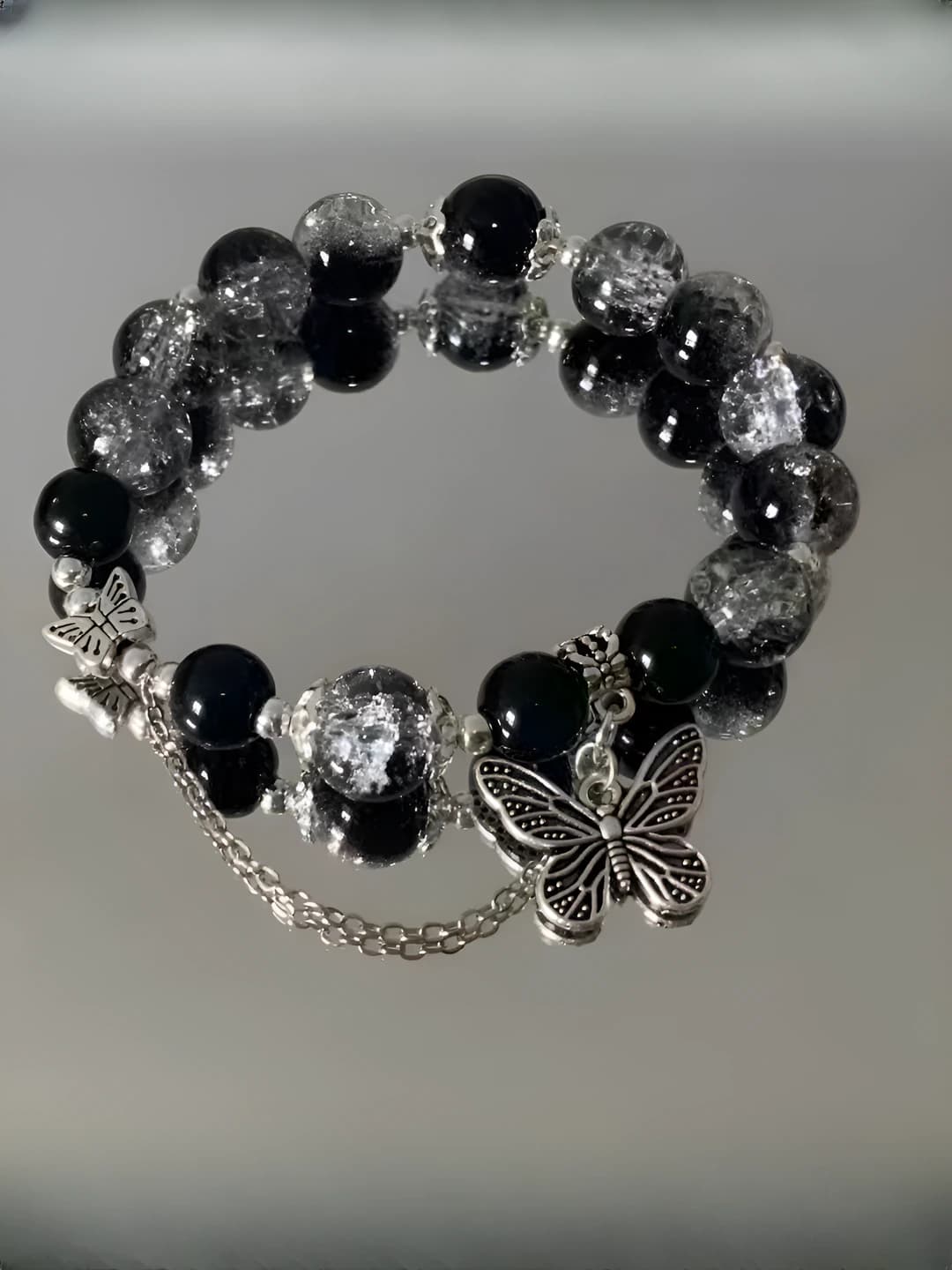Women's beaded bracelet: handmade glass, cartoon style, cute design, butterfly charms, starry sky pattern, white color, for friends
