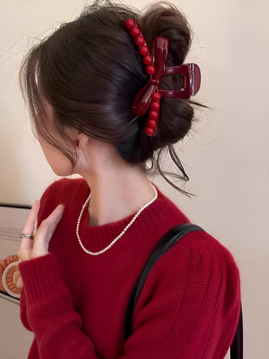 Ankora red pearl bow clip - 12 cm