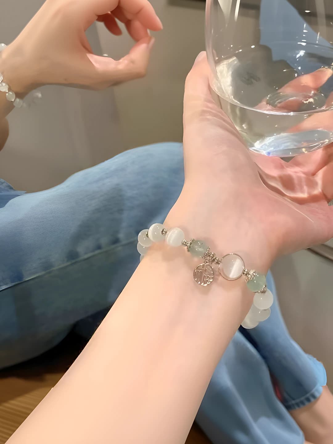 White green bead Fu bracelet