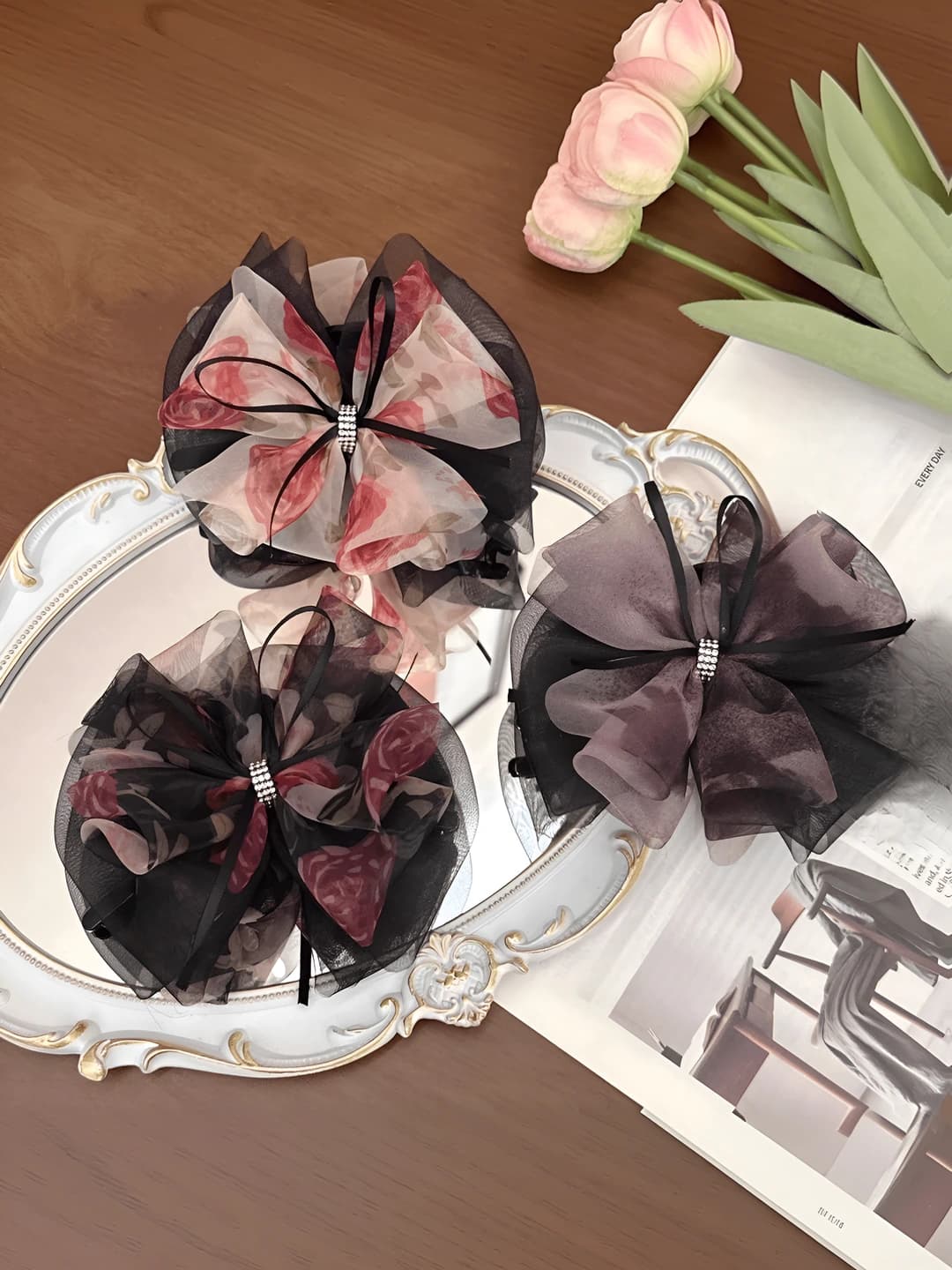 Women's 2026 tulle floral bow hair clips and combs