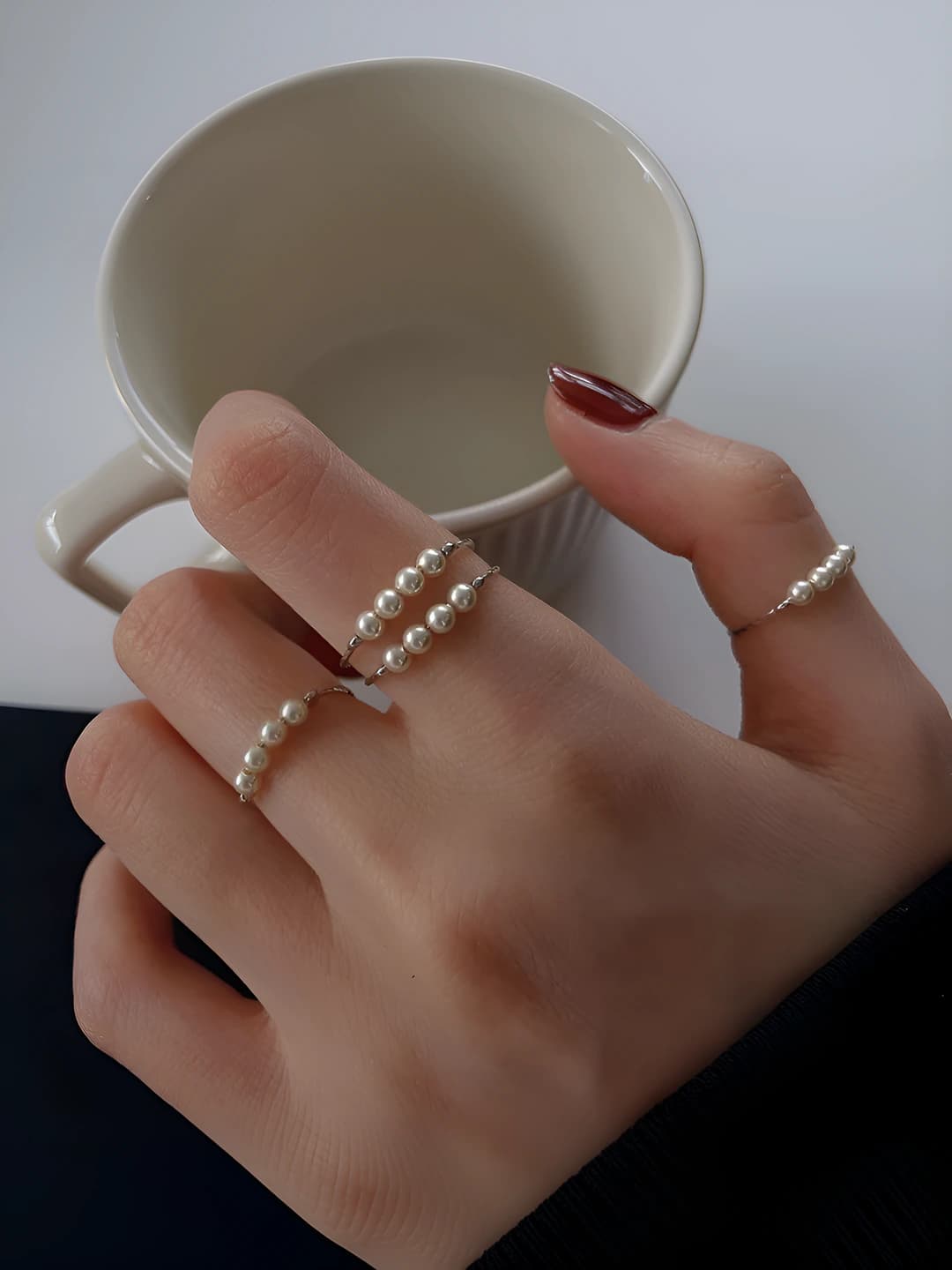 Women's retro pearl open ring, geometric design element, cold style