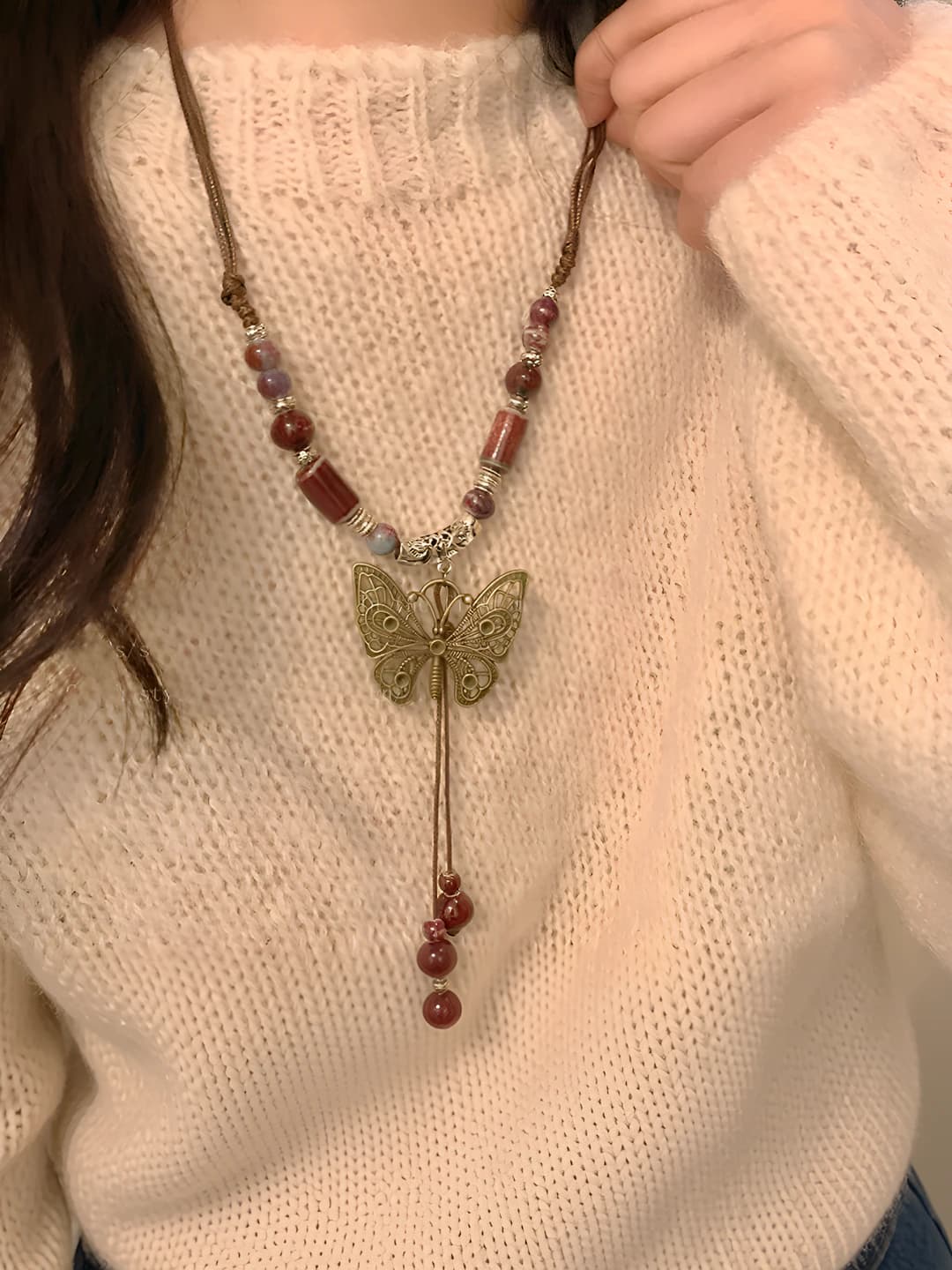 Butterfly ceramic tassel necklace