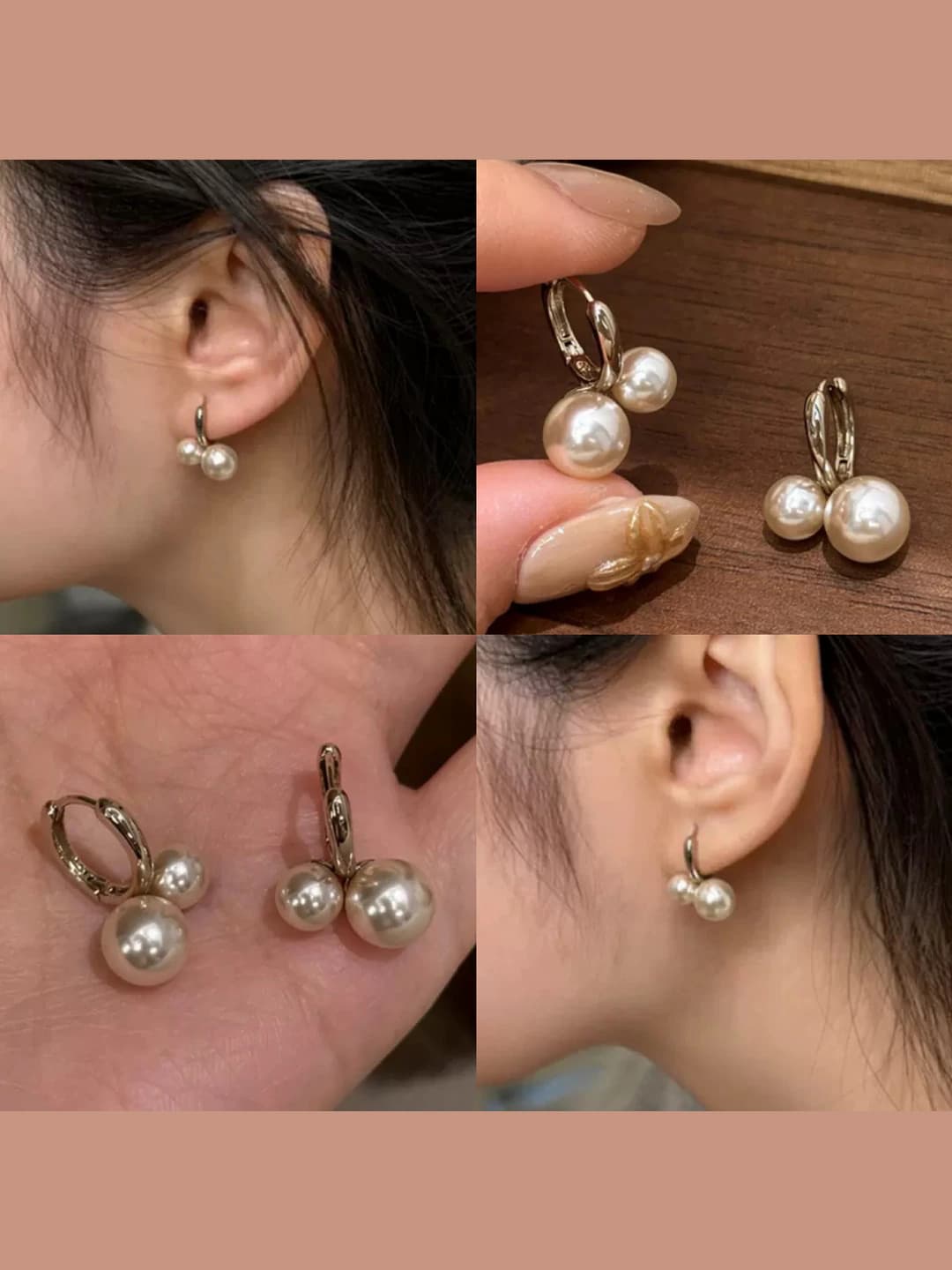 Women's pearl drop earrings in light coffee color, 2026, luxury style, geometric design element