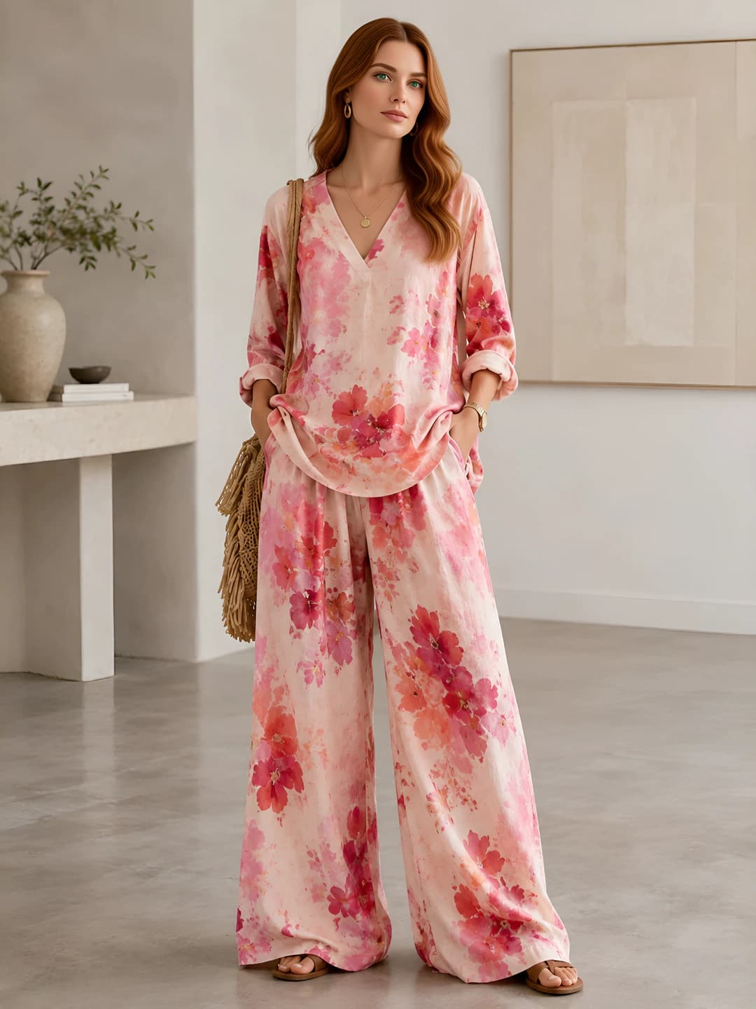 Women's casual set: tie-dye printed long sleeve V-neck t-shirt and wide-leg trousers