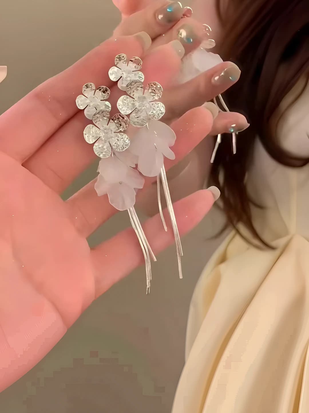 Silver floral tassel stud earrings