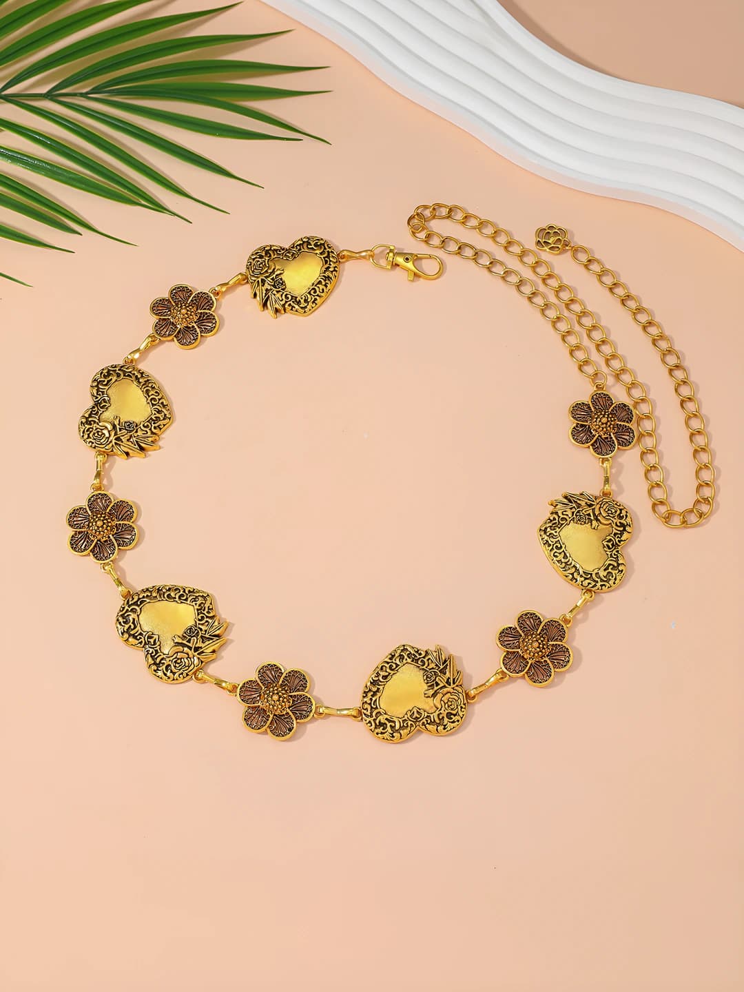 Gold, retro floral heart waist chain