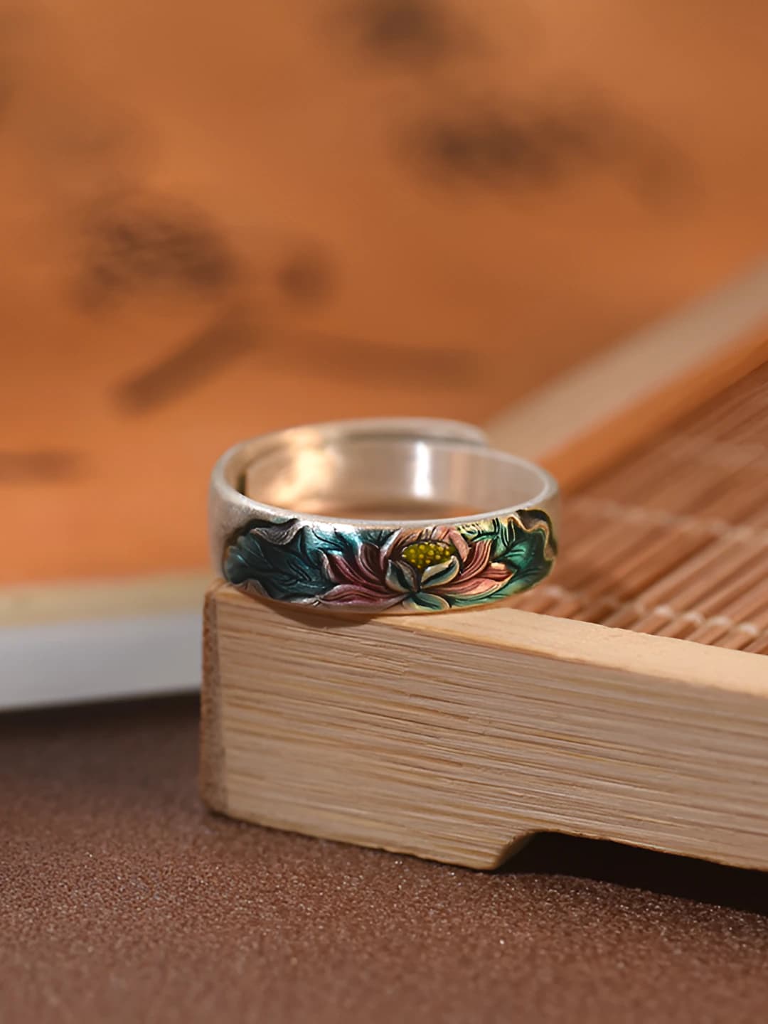 Women's retro style silver lotus flower enamel ring, open and adjustable
