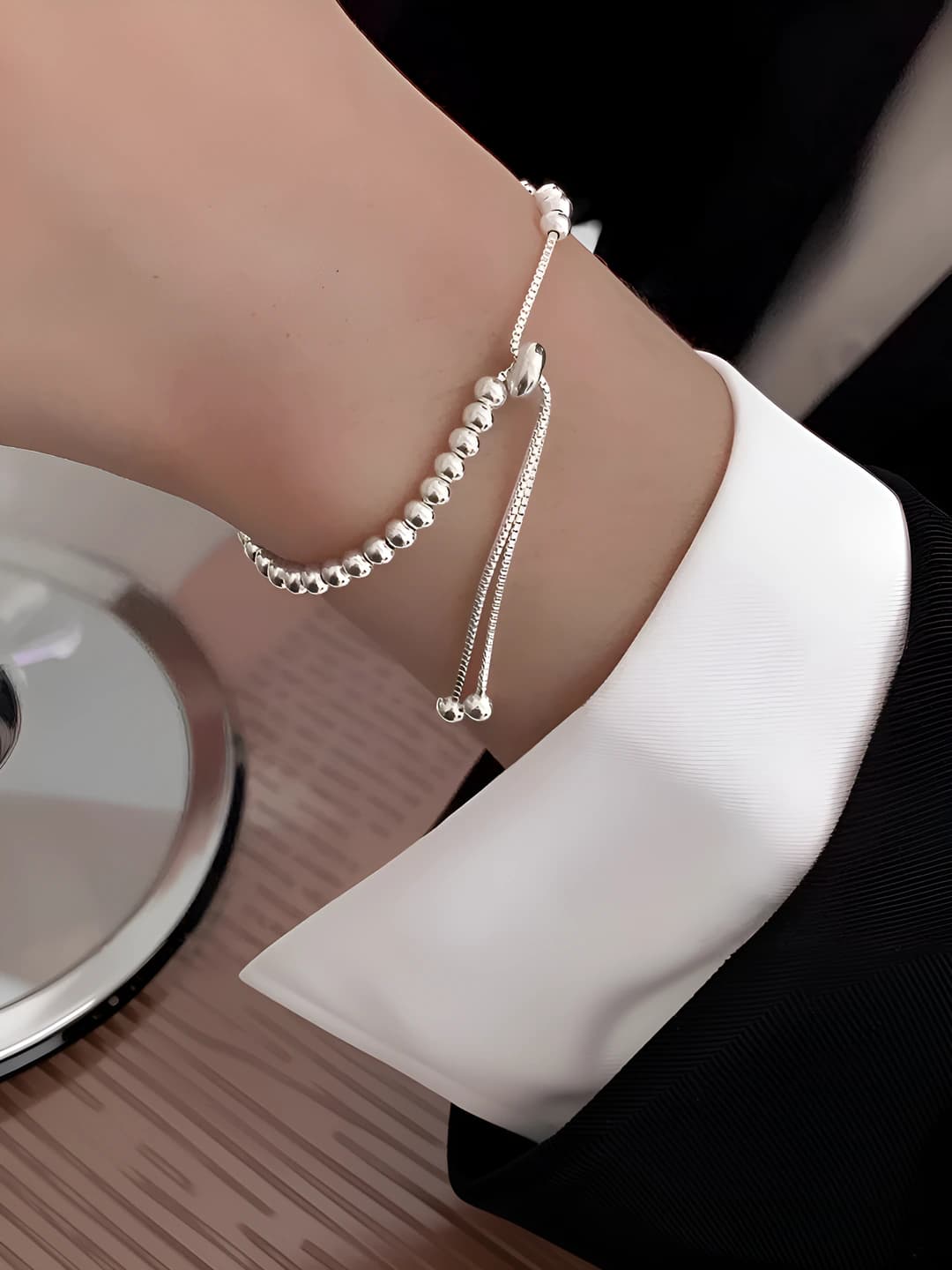 Women's retro style simple silver round bead tassel bean adjustable bracelet in Korean style
