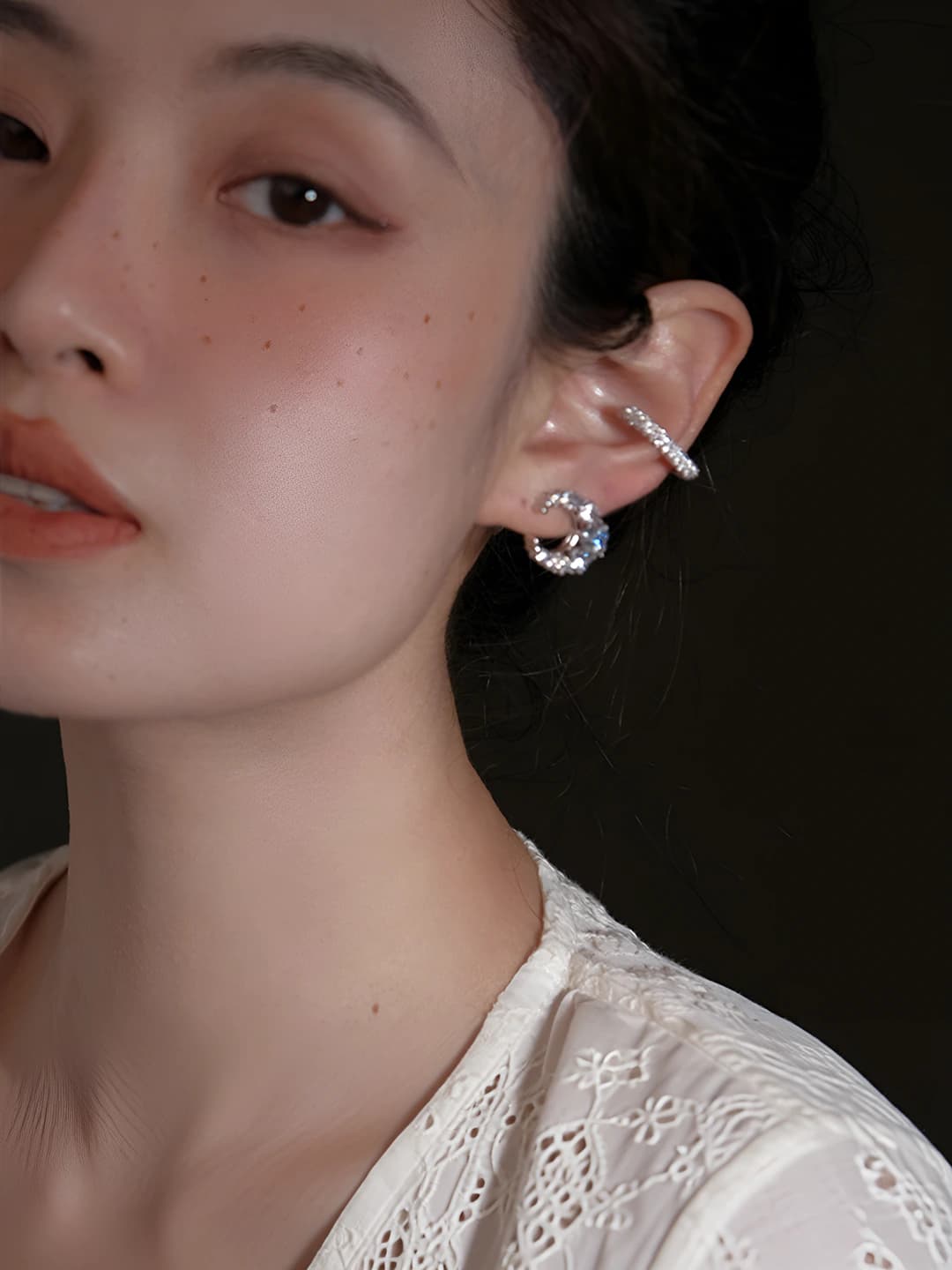 Women's silver zircon tassel hoop earrings, new Chinese style, geometric shape, auspicious clouds design element