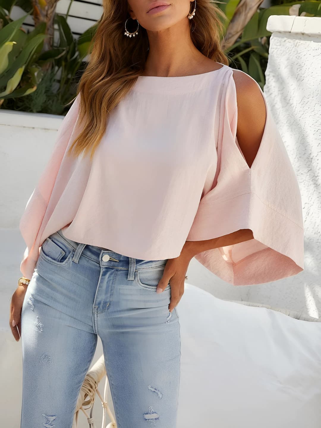 Women's loose fit top with elbow-length sleeve, crew neck, solid colour