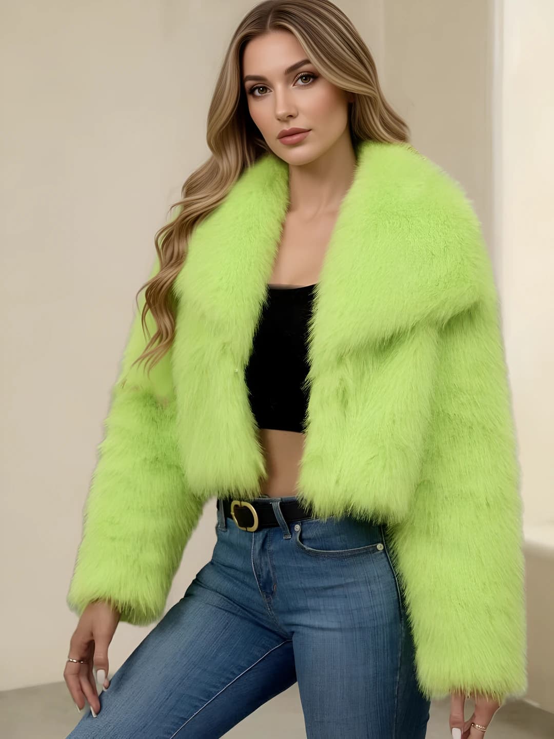 Women's cropped faux fur coat with long sleeves and sailor collar for autumn-winter