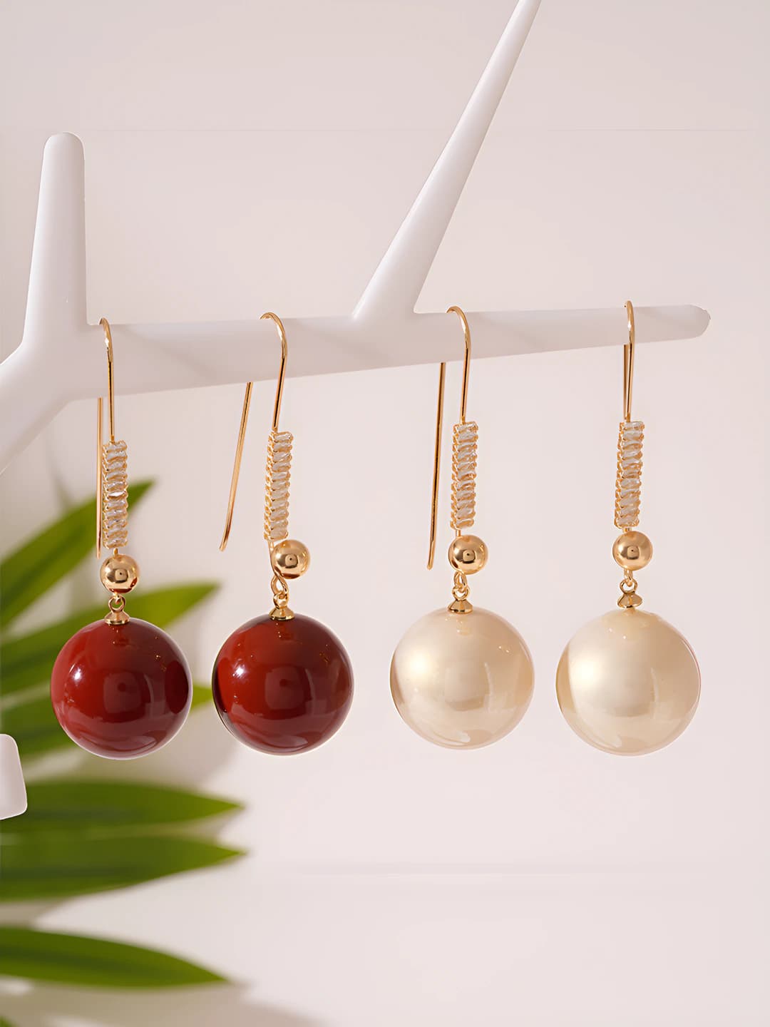 Women's retro style geometric earrings with zircon and faux pearl round stones