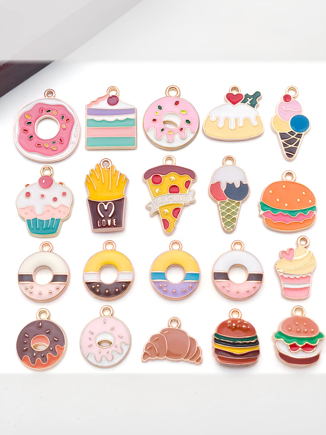 Enamel food charms for women: cartoon style, zinc alloy, patterns of hamburger, pizza, cake, donut, ice cream and french fries