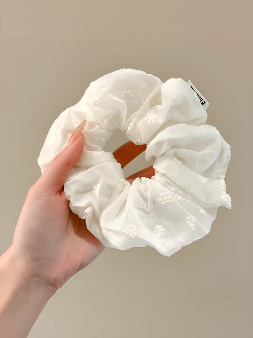 2# Off-white small floral embroidered scrunchie ~16 cm