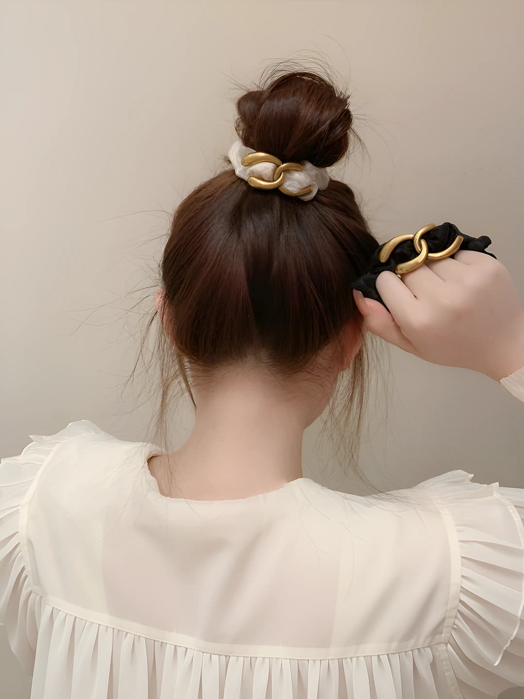 Women's seamless hair tie: metal letters and wave design element, nature style