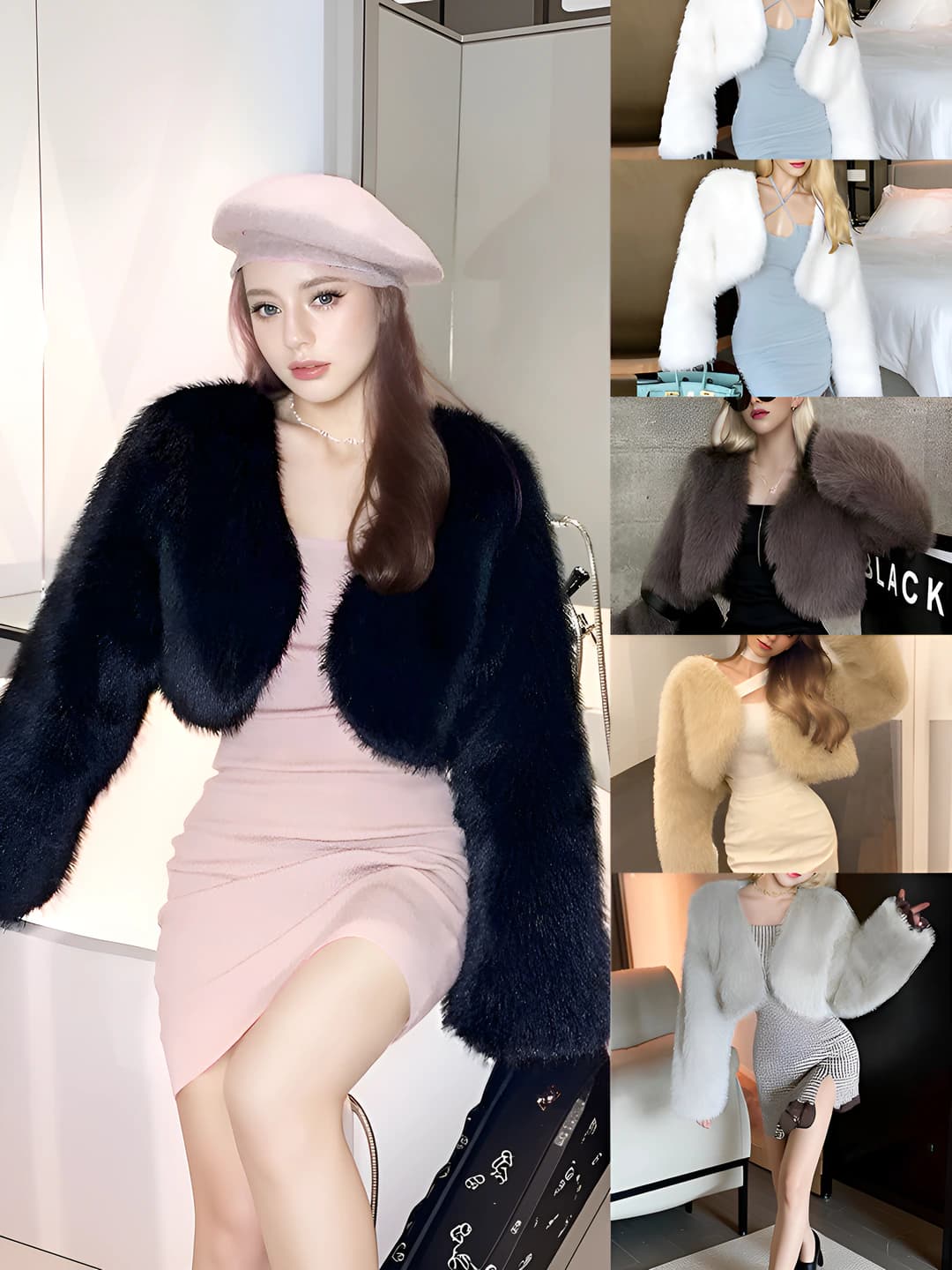 Women's Korean style short faux fur coat for autumn-winter, long sleeve, POLO collar, 3D design element, 5 colors