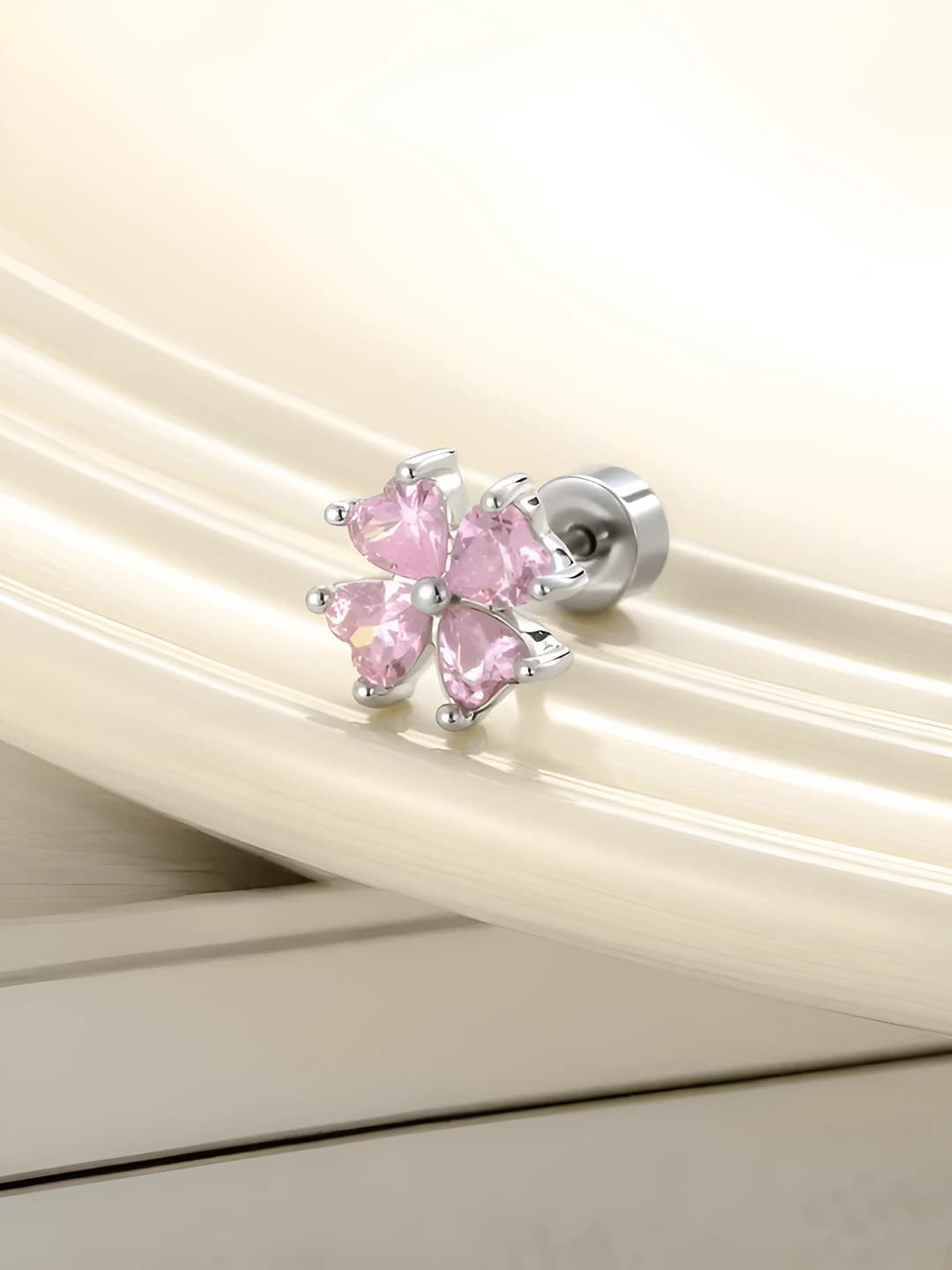 Pink zircon four-leaf flower earrings pair