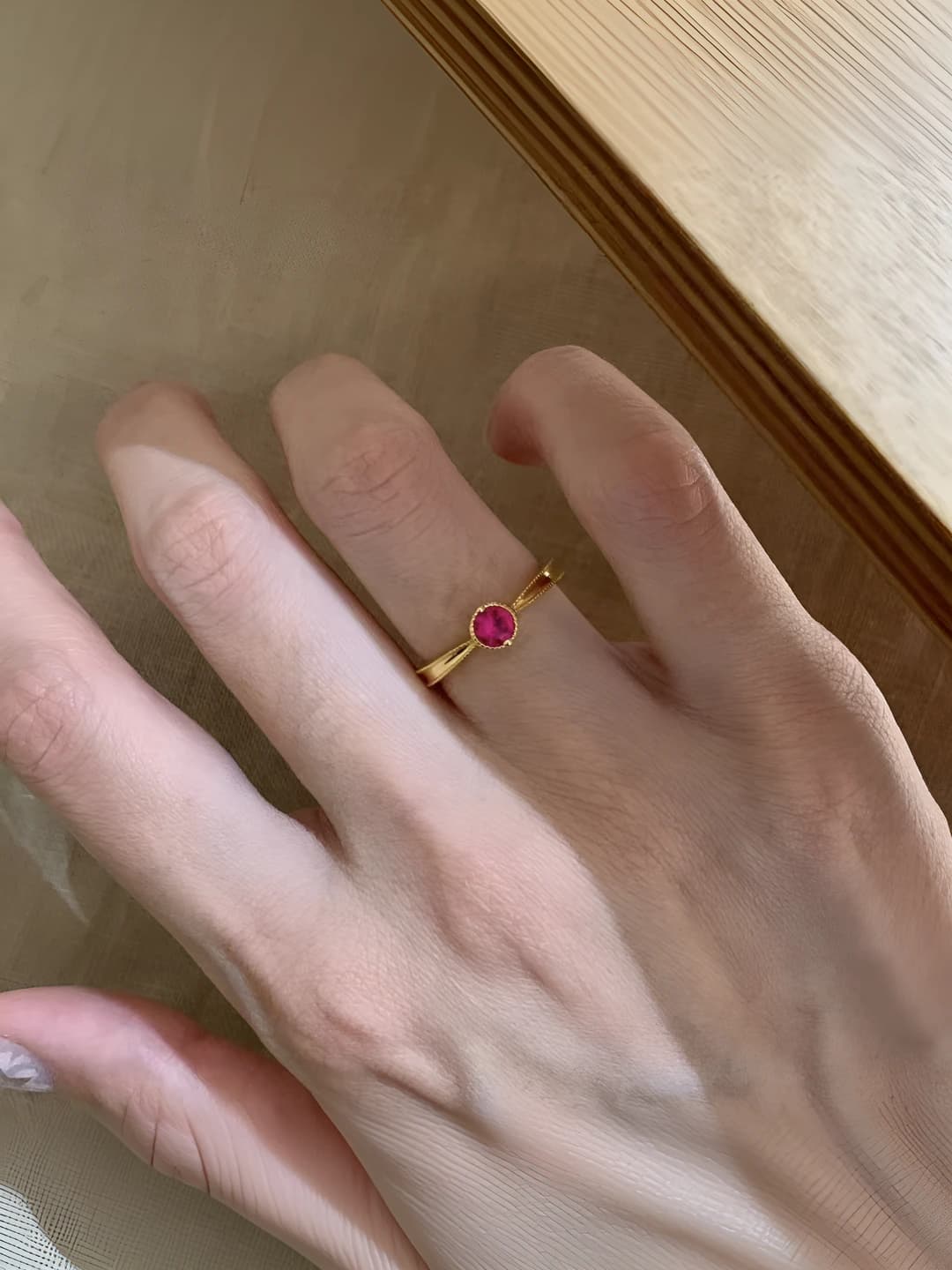 Women's adjustable ring with red zircon, retro style