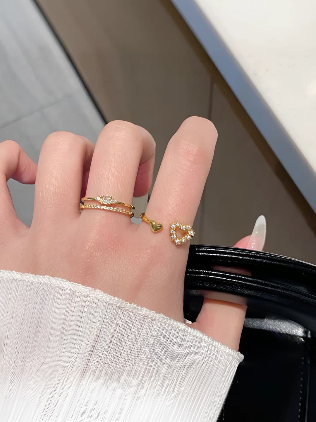 Women's silver French style heart ring with crystals, adjustable, geometric design element, niche style