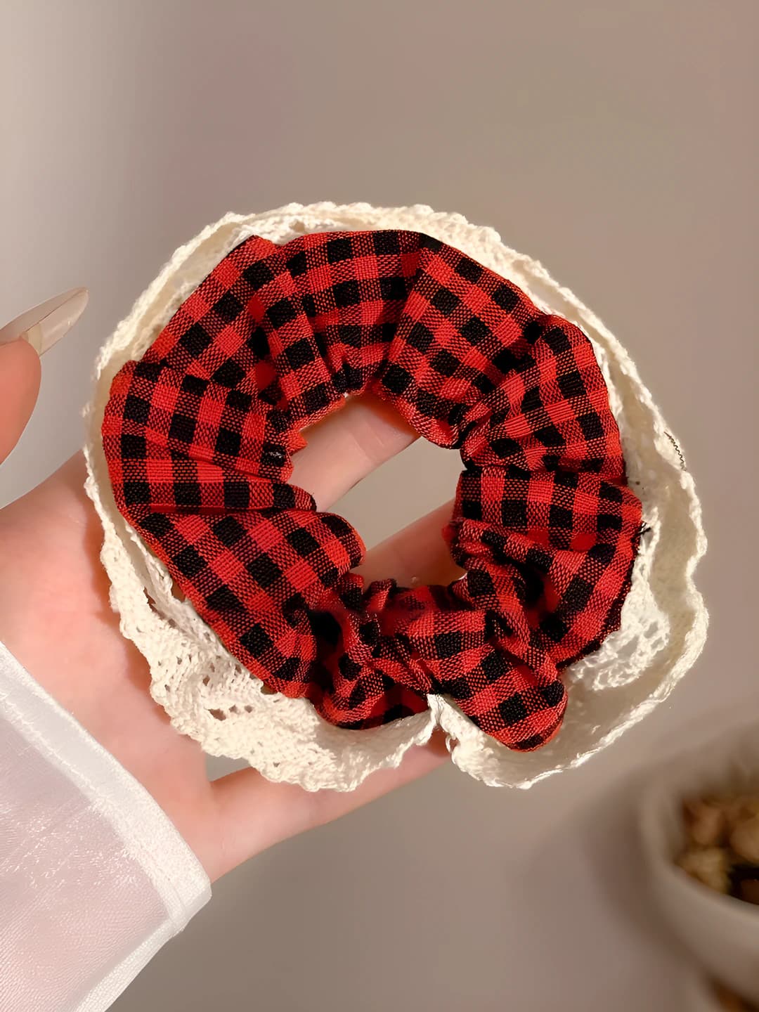 Red plaid, lace edge