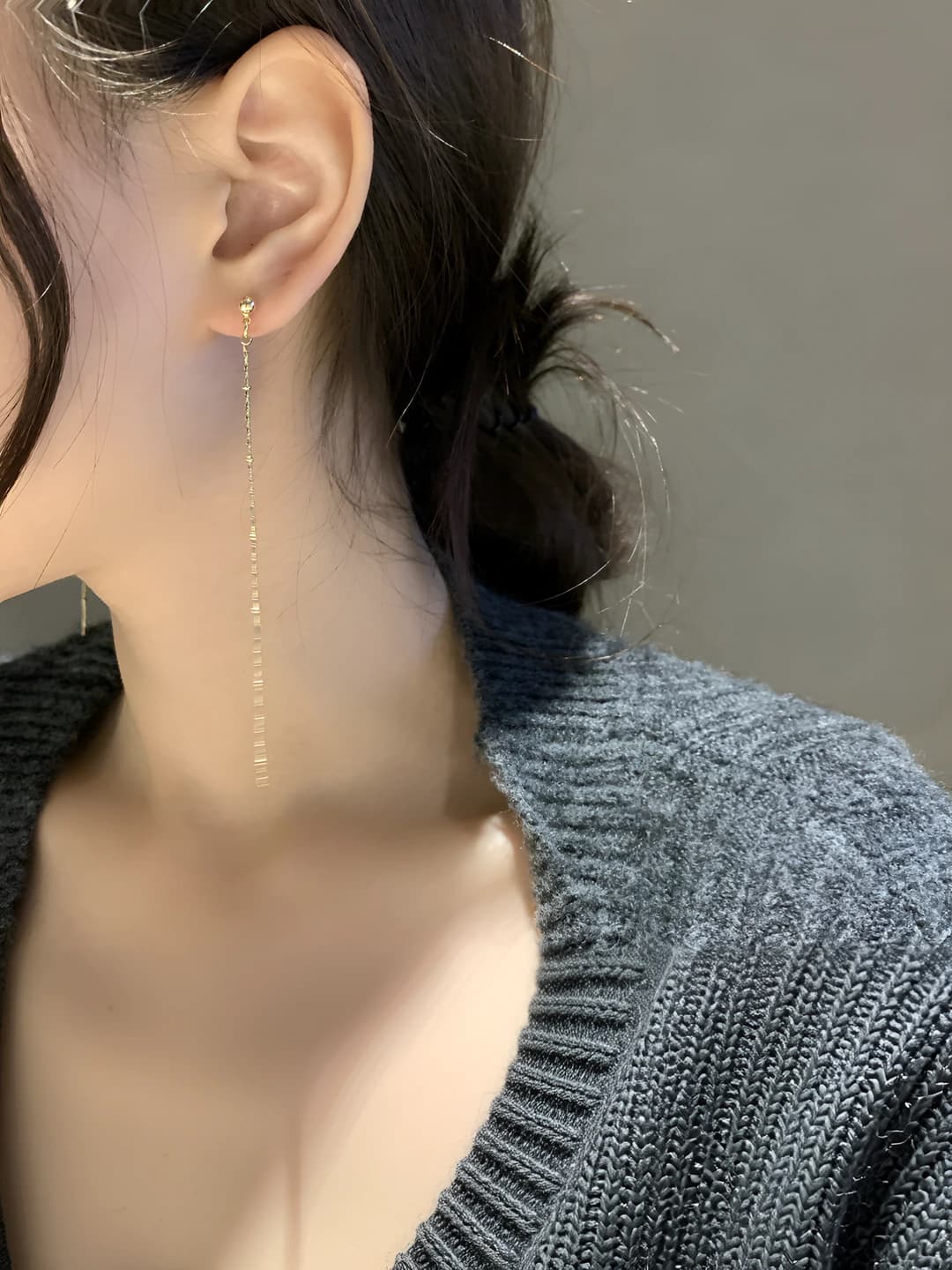Women's long chain tassel earrings, 14K gold plated, 925 silver post, face-slimming design