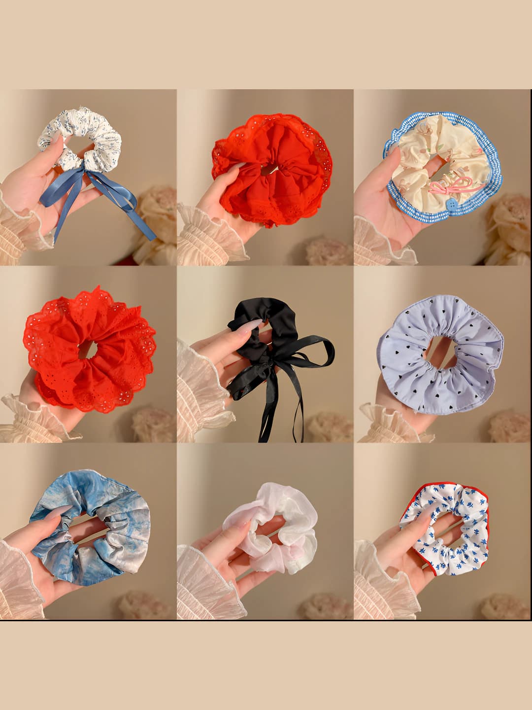 Women's stretch velvet hair scrunchies in Korean style with flowers and pom-poms