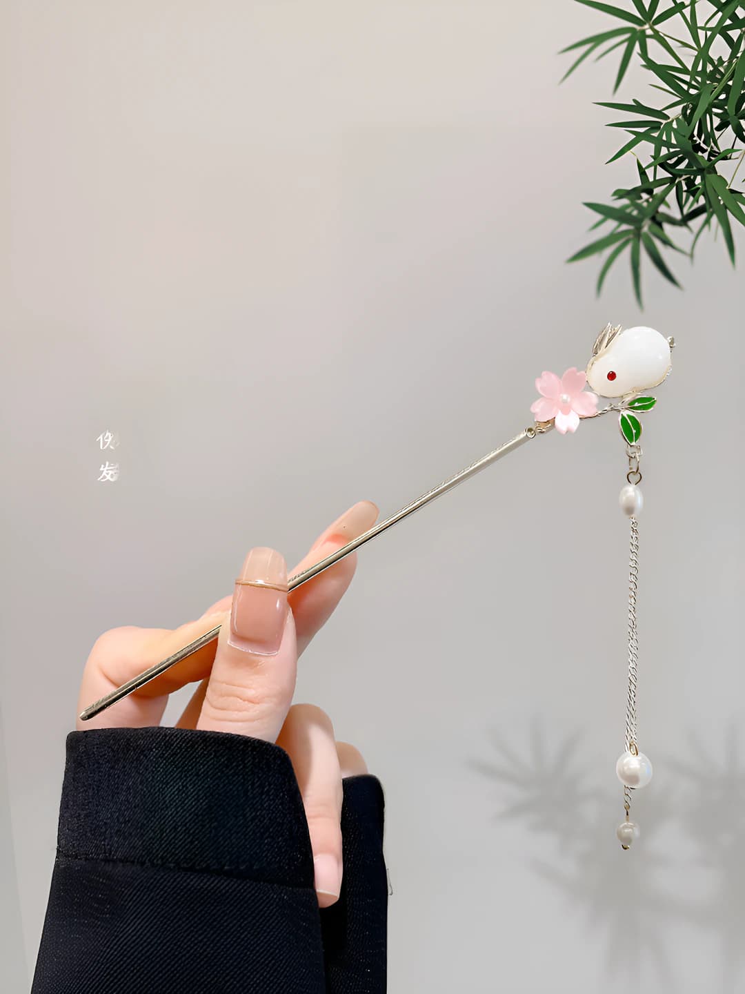 74# Jade rabbit flower tassel hairpin - Gold (bagged)