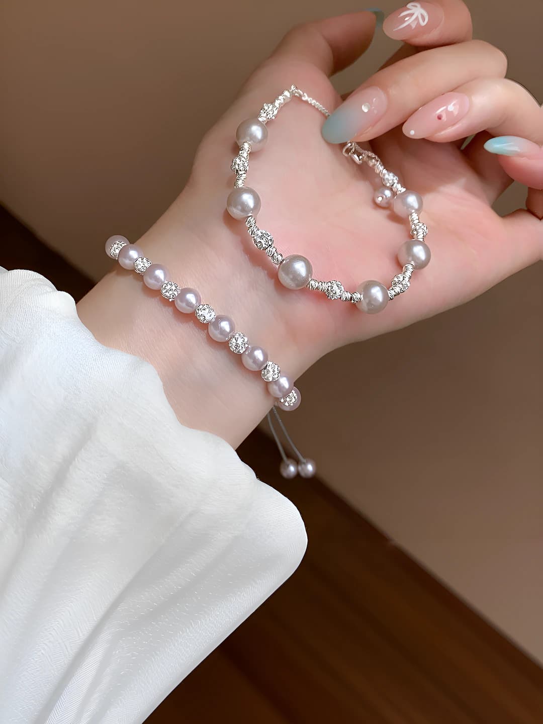 Women's French style geometric bracelet with imitation pearl and zircon
