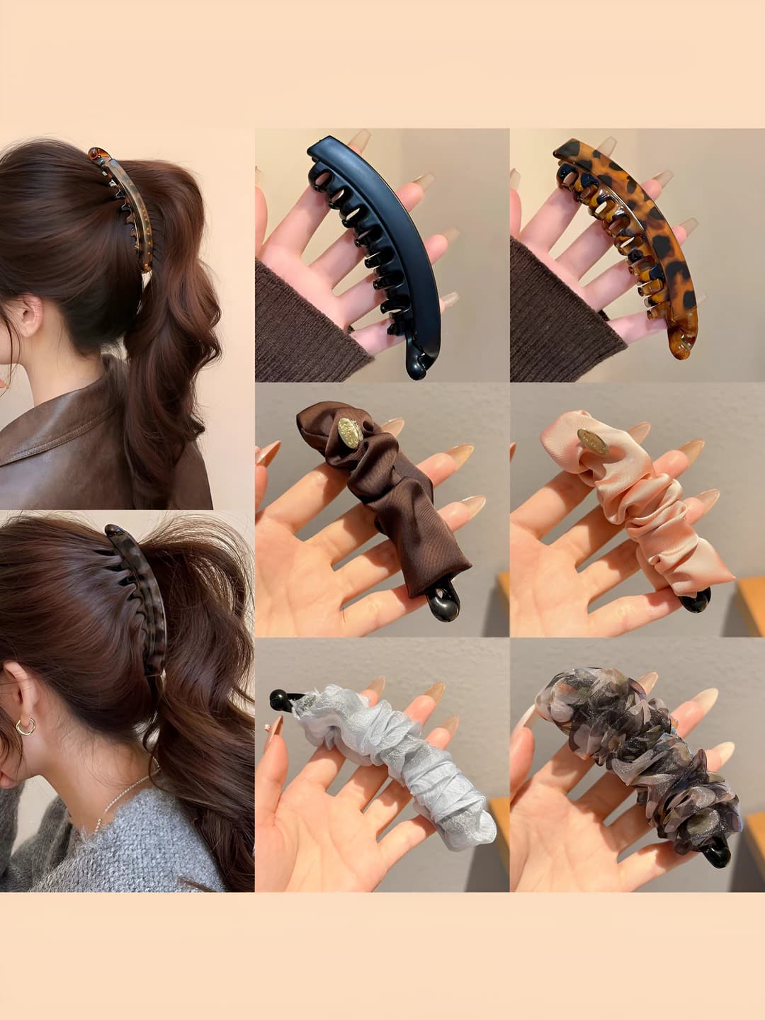 Women's hair clips and combs: 2026 new style satin banana clip with polka dot and geometric design elements
