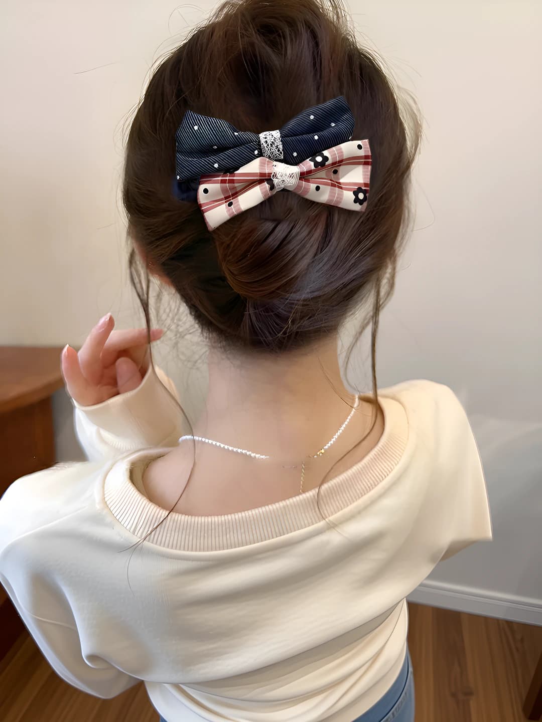 7# Denim-red double bow 11 cm