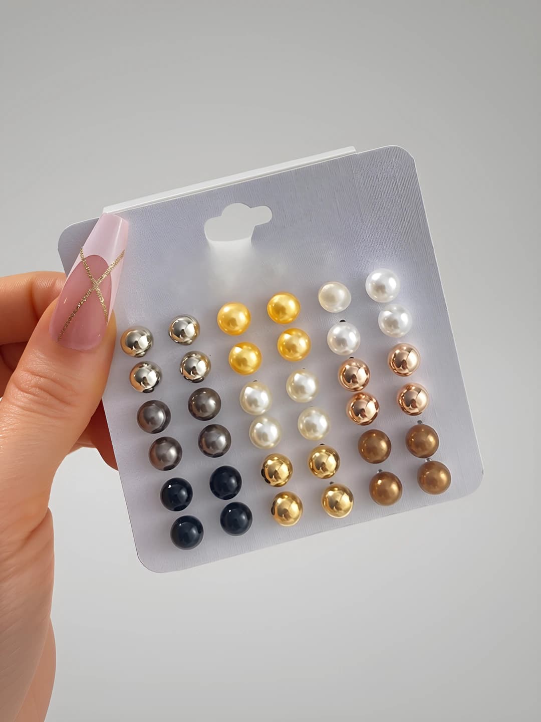 Women's set of 18 round geometric faux pearl stud earrings, modern office style