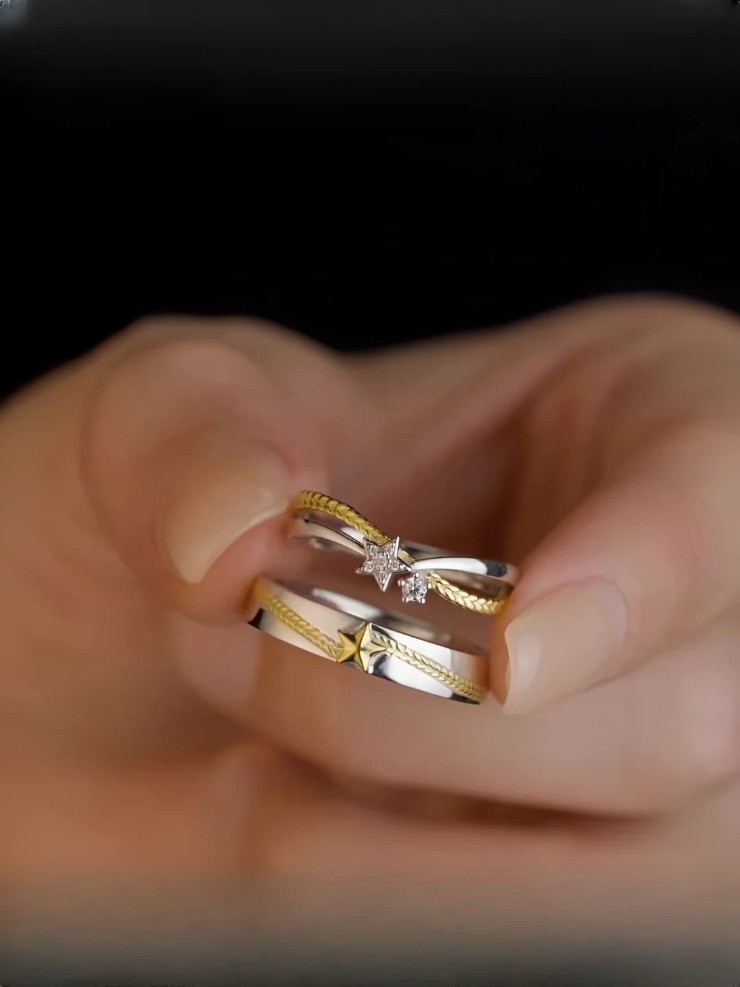 Women's camouflage five-pointed star couple rings: copper, geometric shape, aged finish, OL style design element