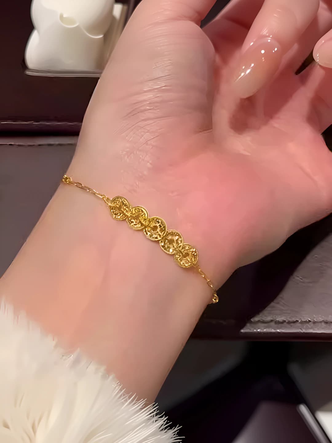Women's gold fish scale five emperor coins bracelet, ins style, Chinese national design element
