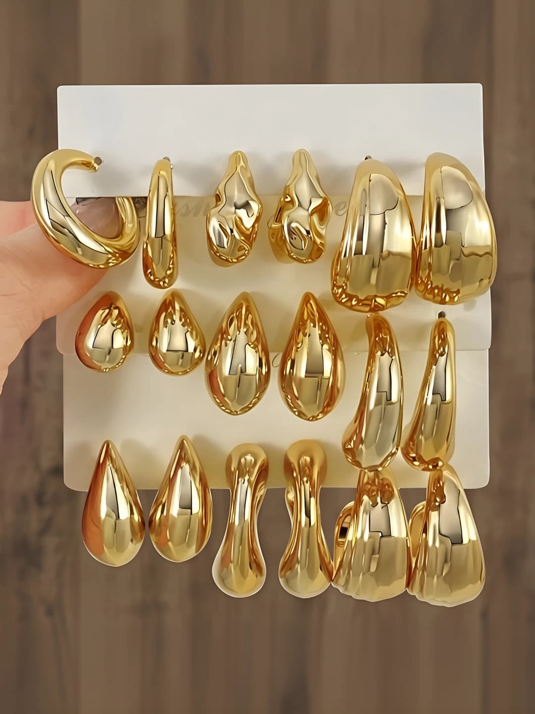 Women's gold C-shaped and teardrop geometric earrings set of 6 pairs