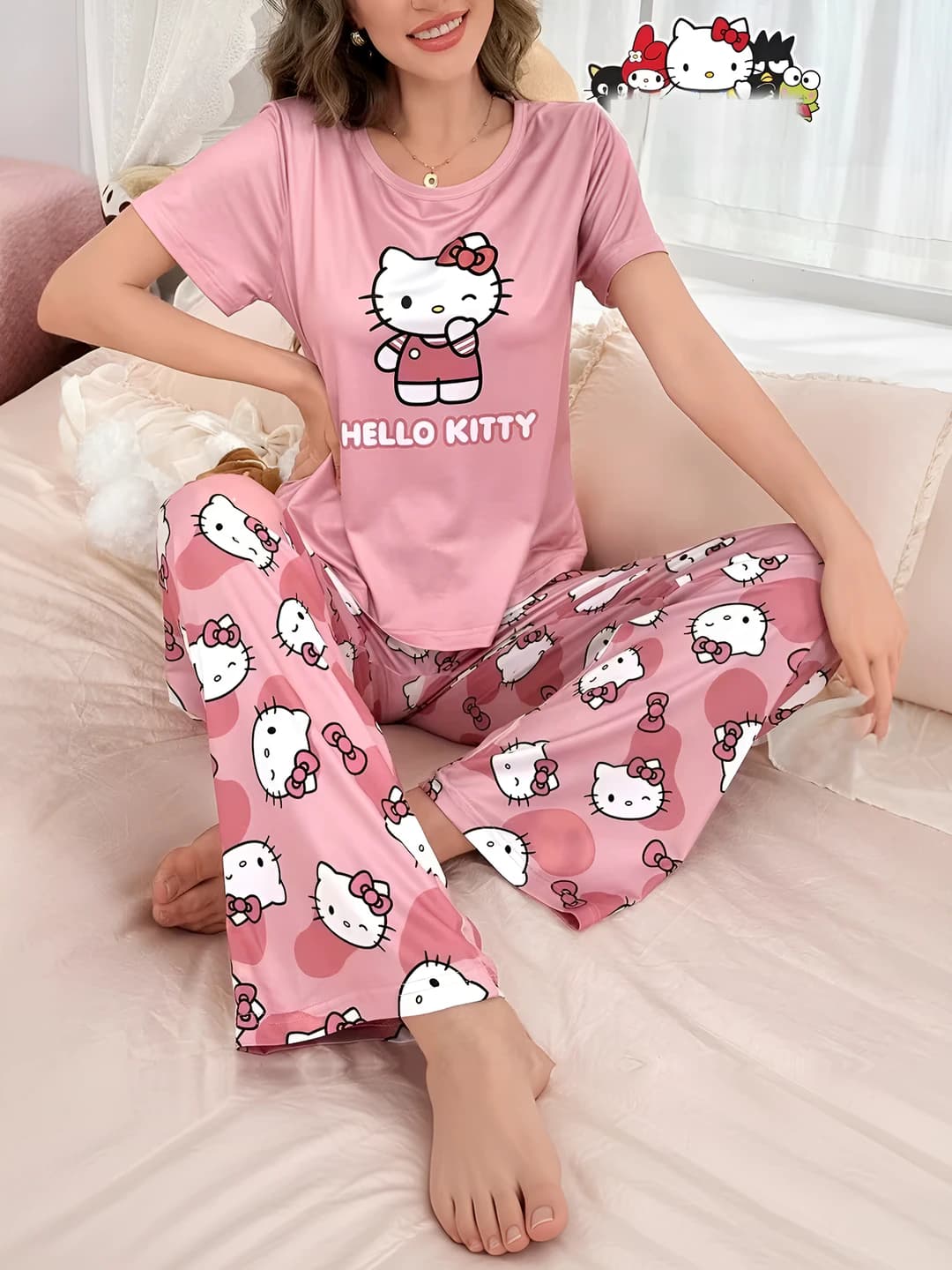 Women's spring pyjamas set: thin, printed, short sleeve t-shirt and trousers, loungewear