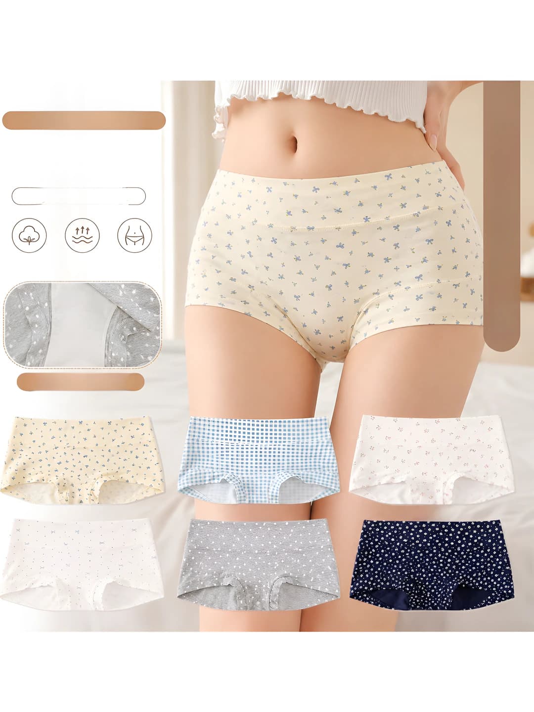 Women's mid-waist briefs, antibacterial, stretch, floral pattern, all-season