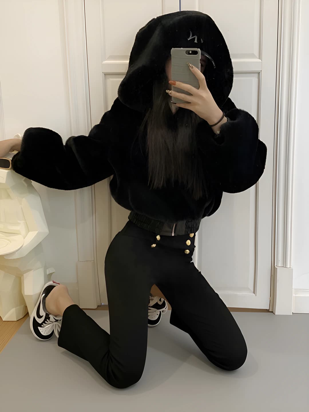 Women's faux fur hooded coat for autumn-winter, cropped, high waist, stand collar, long sleeve, street style