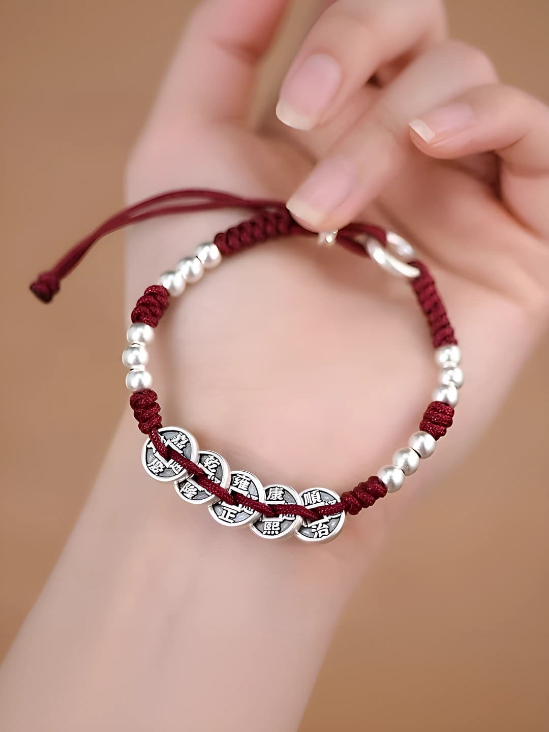 Women's bronze bracelet, hand-woven red cord, design with five emperor coins and protective lock in Chinese style