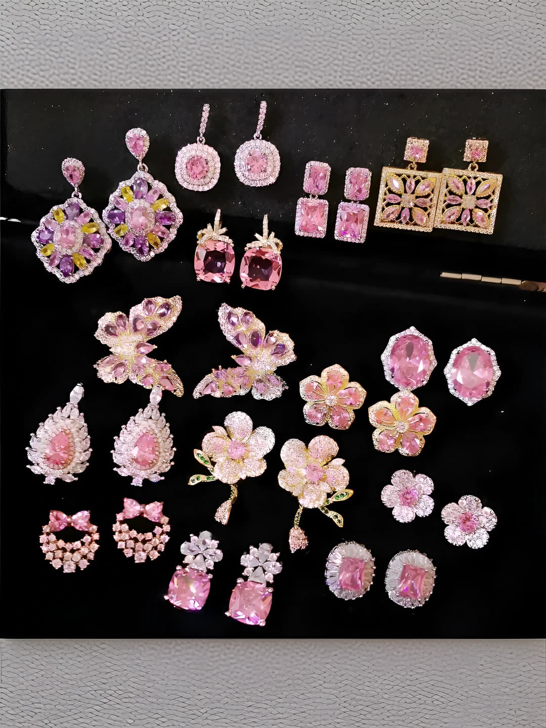 Women's pink flower and butterfly earrings with sparkling cubic zirconia, light luxury style