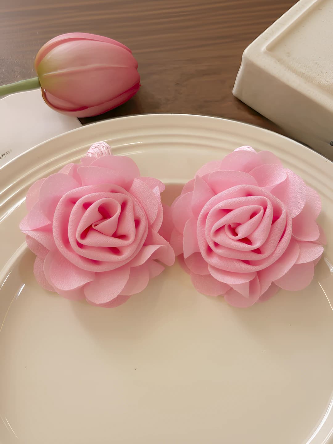 Pink fabric rose earrings - 6.3 cm