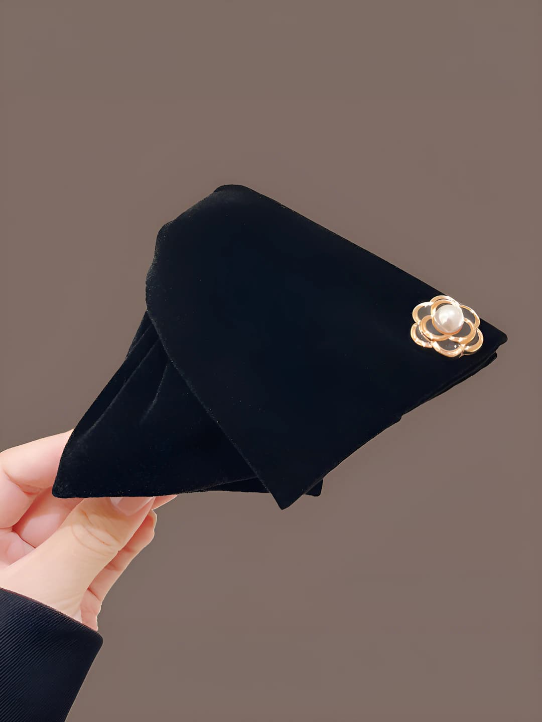 Black satin camelia clip ~12.5 cm