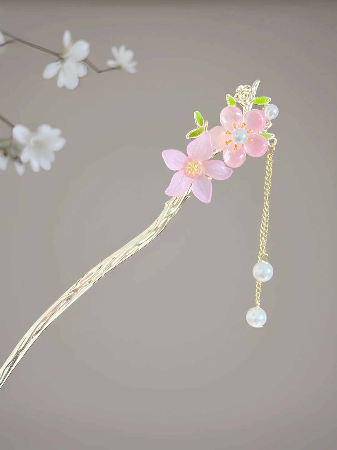 1# Pink peach blossom hairpin