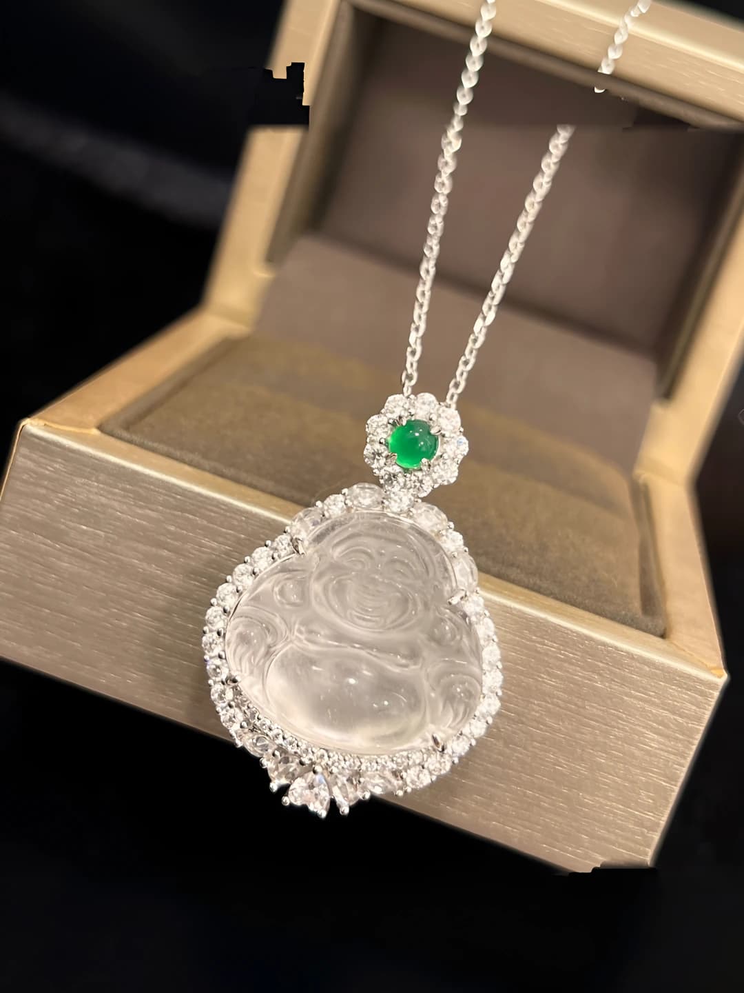 Women's Buddha pendant necklace: new Chinese style, full diamond, ice transparent, smiling Buddha, titanium steel, O-link chain, 41-50 cm