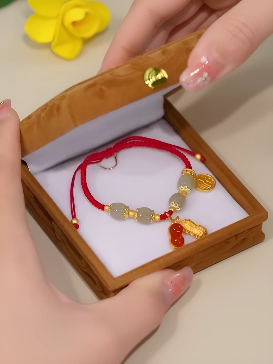 Women's red cord bracelet with beads, national style, woven, unique design