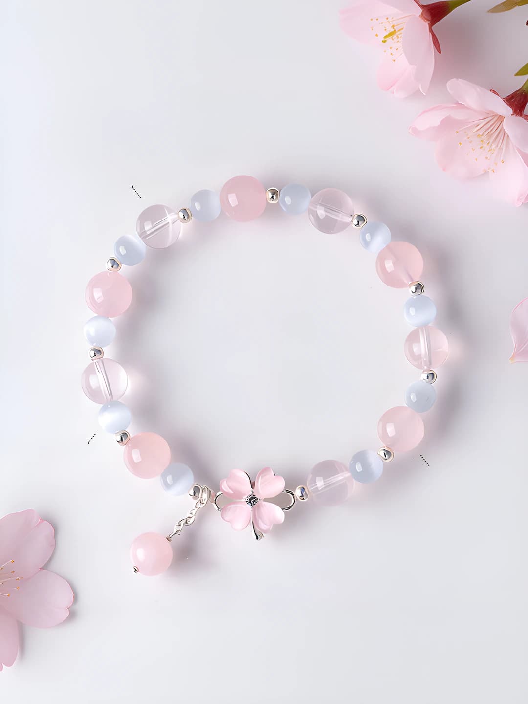 Natural pink quartz four-leaf clover bracelet